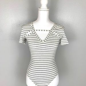 Signatures Gray + White Striped Bodysuit, size S.